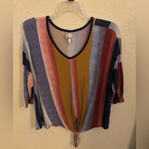 Colorful Striped V-Neck Women's Blouse With Tie Front, 3/4 Sleeves, Sz M